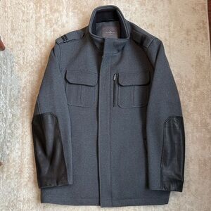Cole Haan Men’s Gray Wool Blend Field Coat with Leather Elbow Panels